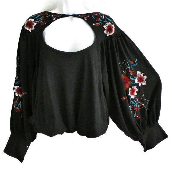 Free People Top Black Embroidered Cut Out Linen Long Balloon Sleeves Oversized S - Picture 2 of 10